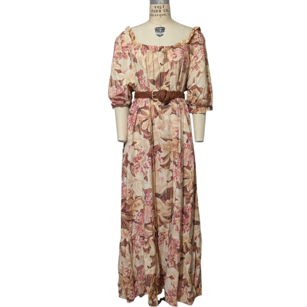 Vintage Floral Off-Shoulder Maxi Dress (Belt Not Included)